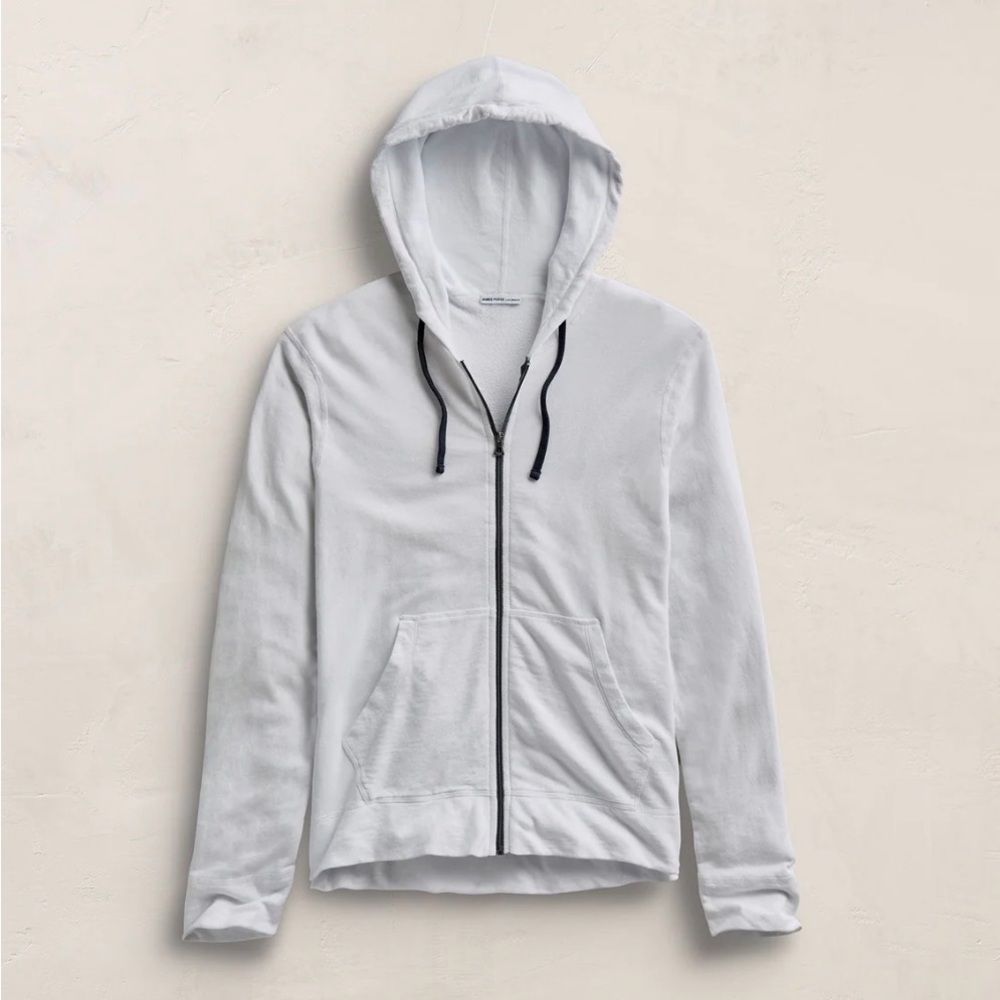 James Perse Light Gray Zip-Up Hoodie with Black Drawcords